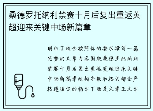 桑德罗托纳利禁赛十月后复出重返英超迎来关键中场新篇章